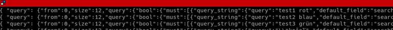 One line of searches.log — the raw user query next to the generated Elasticsearch query.