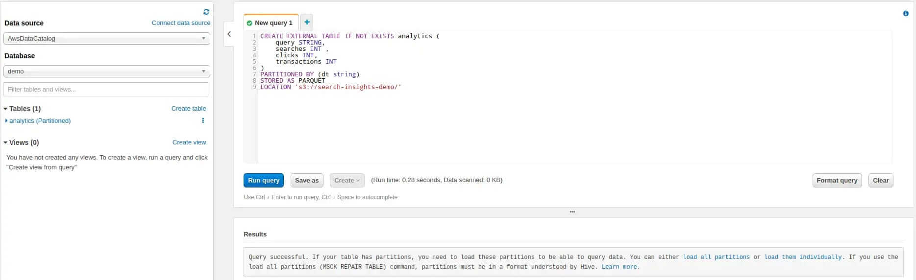 Athena console — CREATE EXTERNAL TABLE query result.