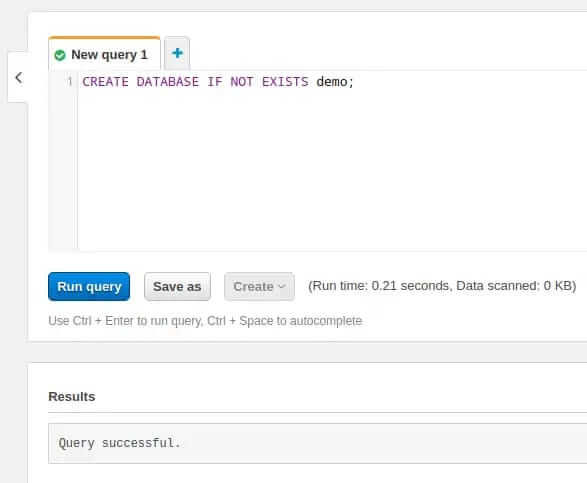 Athena console — CREATE DATABASE query result.