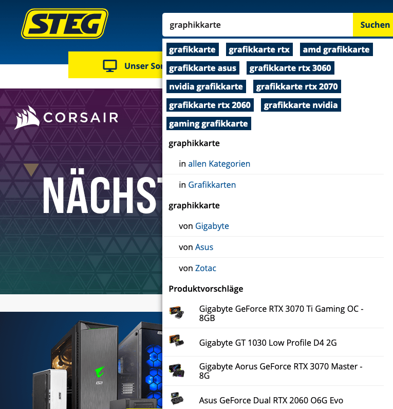 STEG Electronics search box — trend-sorted suggestions even for a misspelled query.