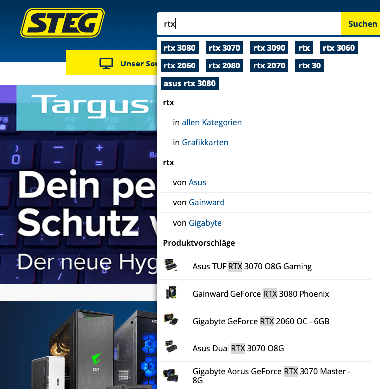STEG Electronics search box — smartSuggest suggestions sorted by trend for “rtx”.