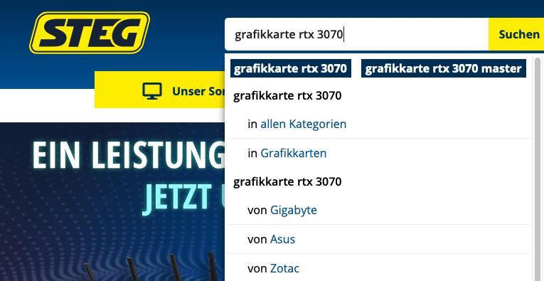 STEG Electronics — filter criteria offered directly inside the trending suggestions.