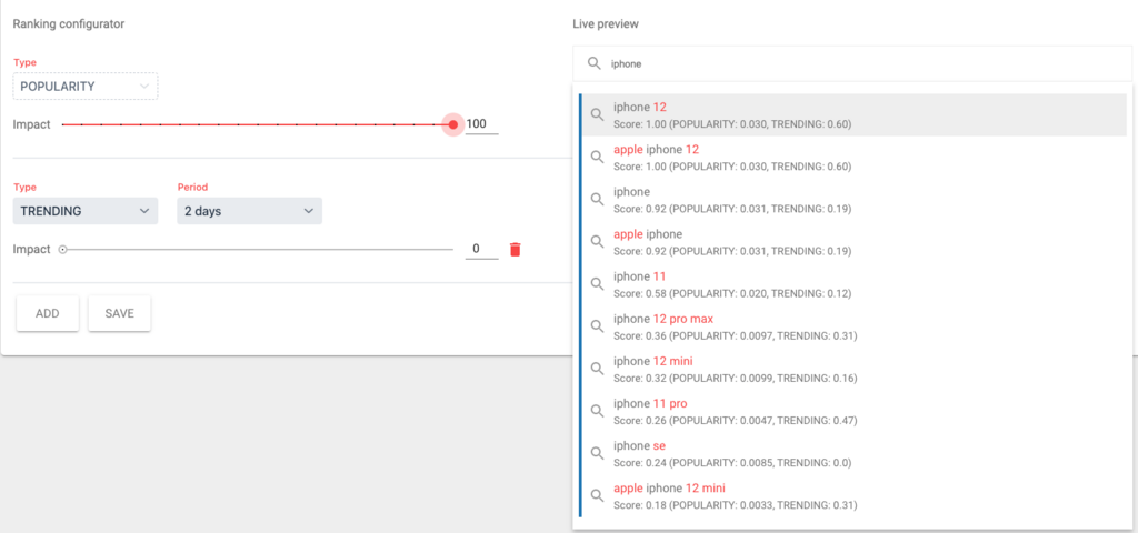 smartSuggest suggestions without trend influence — the out-of-the-box order.