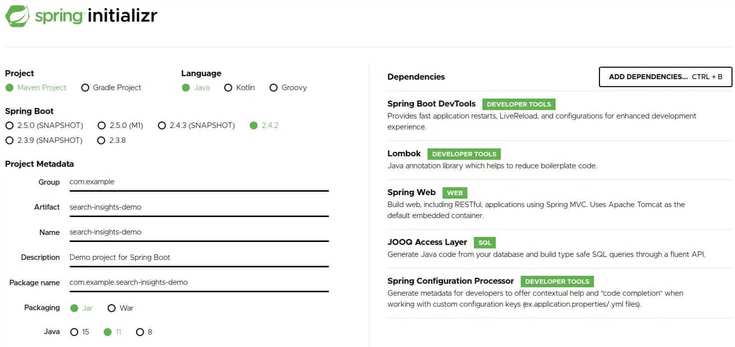 Spring Initializr with the five selected dependencies.