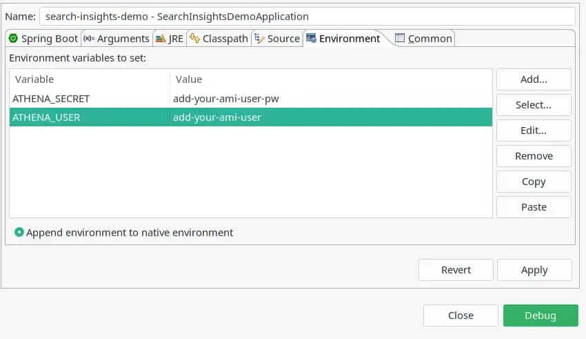 Spring Tool Suite launch configuration — Environment tab with ATHENA_USER and ATHENA_SECRET.
