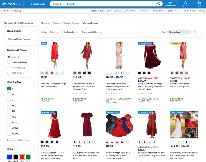 Original faceted-navigation result for the intent behind “red dress size s” on walmart.com.