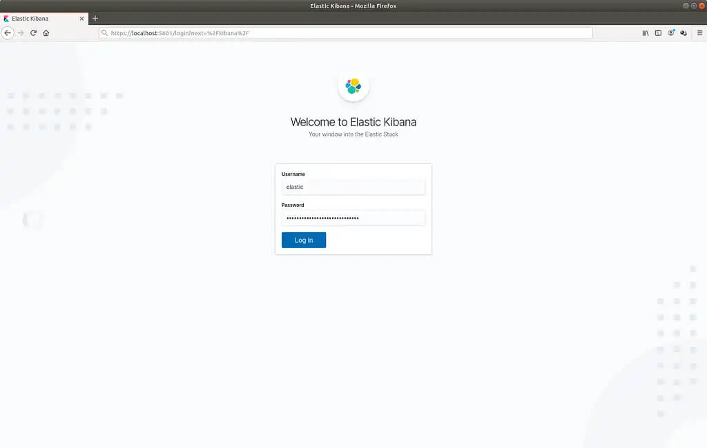 The Kibana login screen, reached through the port-forward on localhost:5601.