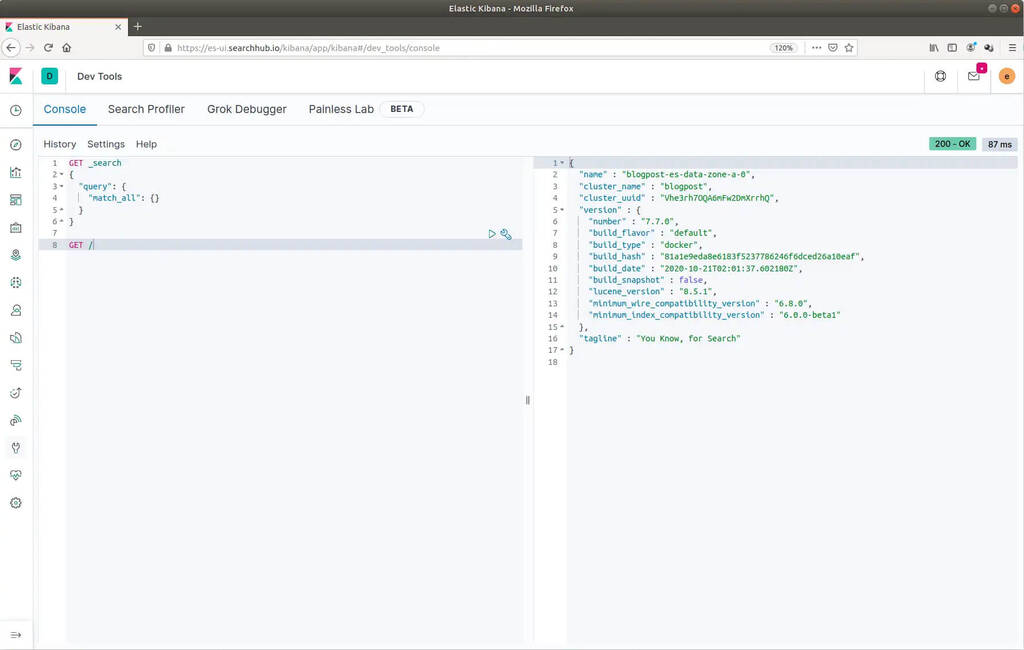 Kibana Dev Tools showing the JSON response of a GET / request against the new cluster.