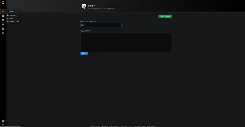 Grafana — step one of the dashboard import.