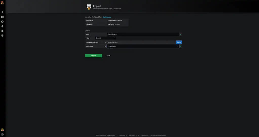 Grafana — step two of the dashboard import.