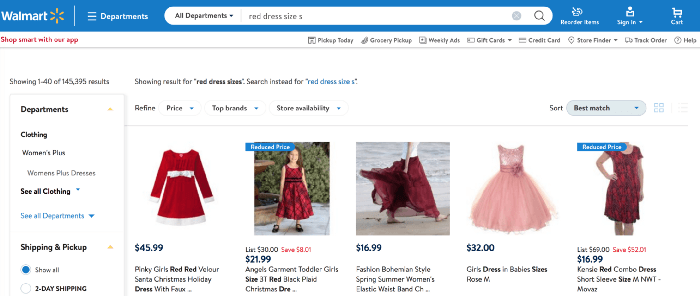 Search result for “red dress size s” on walmart.com.