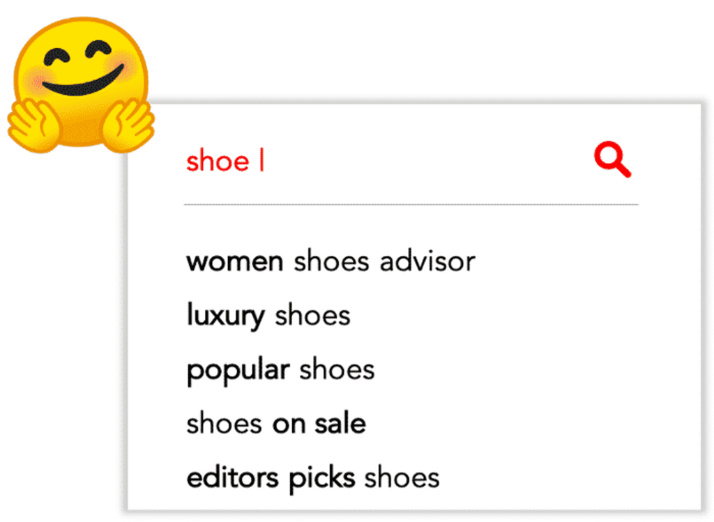 The same search box with a list of query suggestions unfolding under “shoe”.