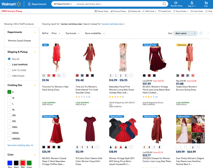 Fake search result page for “red dress size s” built from the faceted-navigation result.