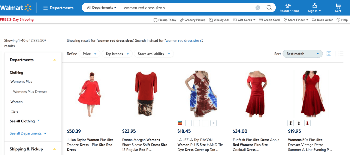 Search result for “women red dress size s” on walmart.com.