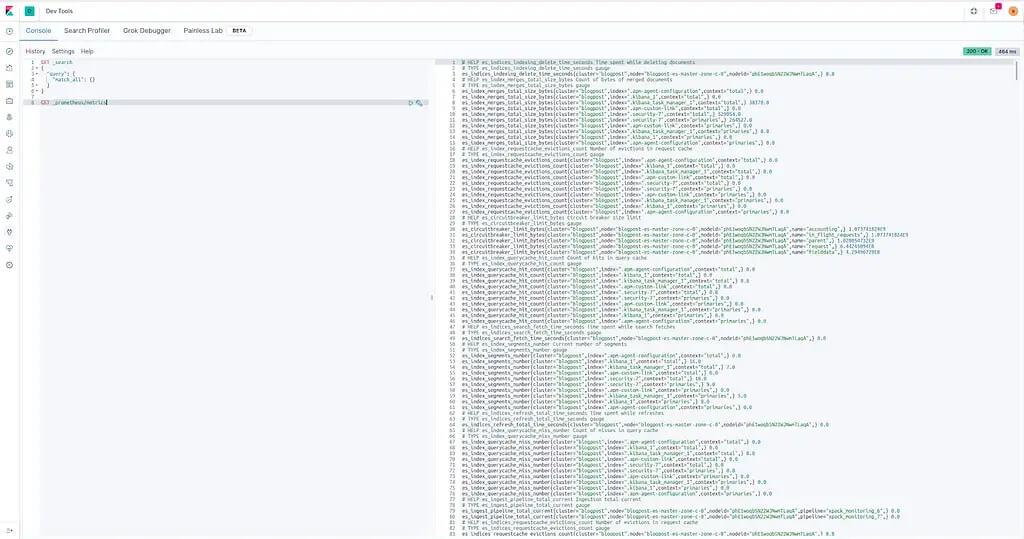 Kibana Dev Tools returning metrics in the Prometheus exposition format from /_prometheus/metrics.