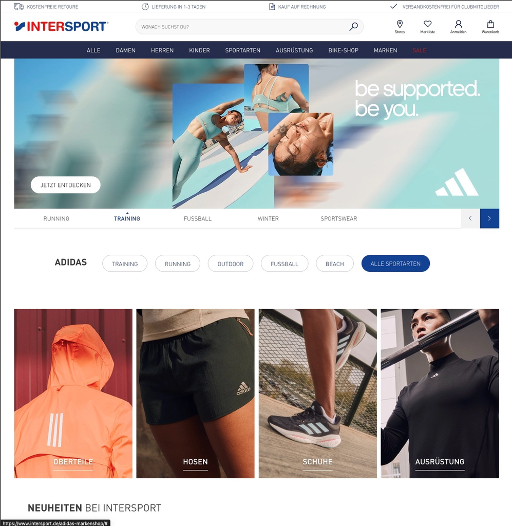 Intersport Adidas brand landing page