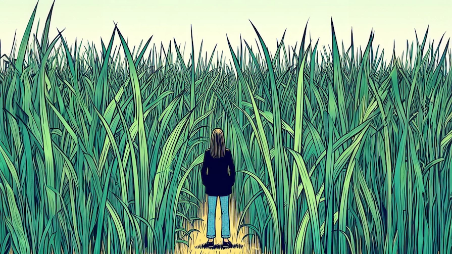 A woman in a field of grass blades only two centimeters tall.