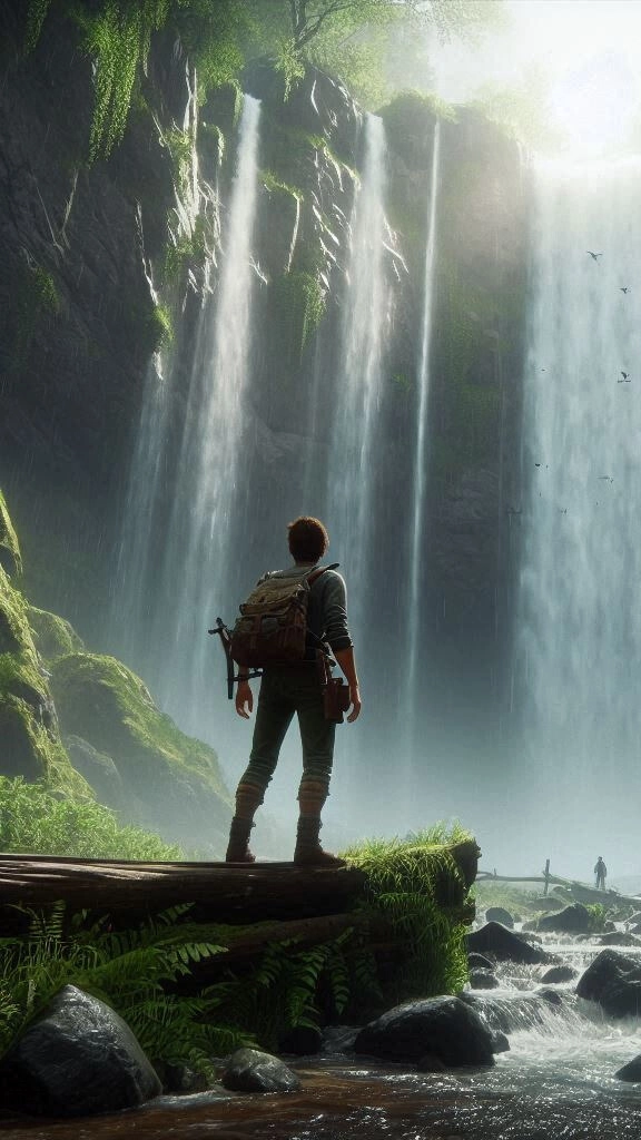 Person looking up at a waterfall in the wilderness.