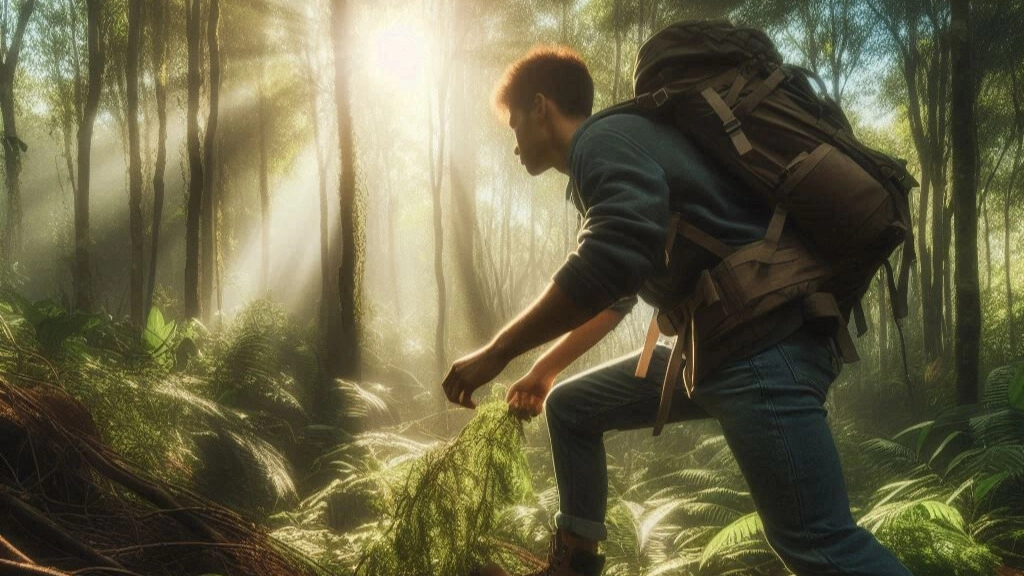 A person trekking through the underbrush.