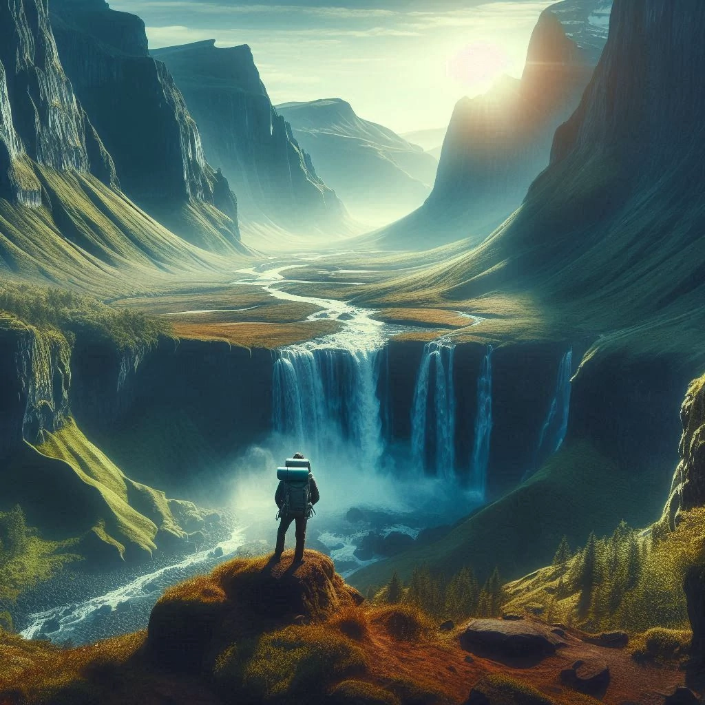Traveler looking out over vast wilderness, with waterfall beneath.