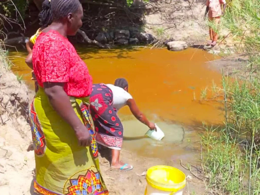 Women gathering water from a dirty water hole.