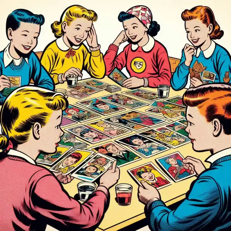 Children sitting at a table matching images with one another, in the style of a 1950s comic.