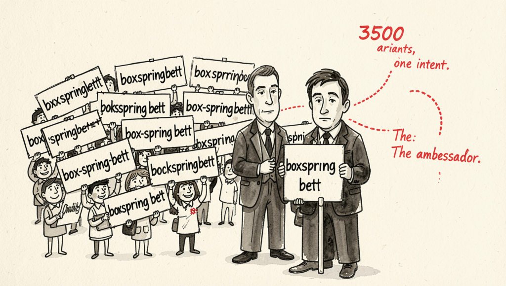 Thousands of misspelled search query variants reduced to one high-performing ambassador keyword through purchase intent clustering. Editorial ink-wash illustration for "The Search Tax - Part 3."