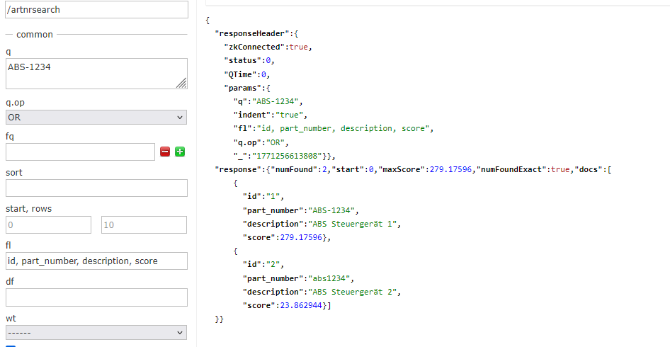 Solr search results for query ABS-1234 showing exact match on ID 1 scoring 279 points versus normalized match on ID 2 scoring 23, demonstrating how field weighting prioritizes precision in part number search