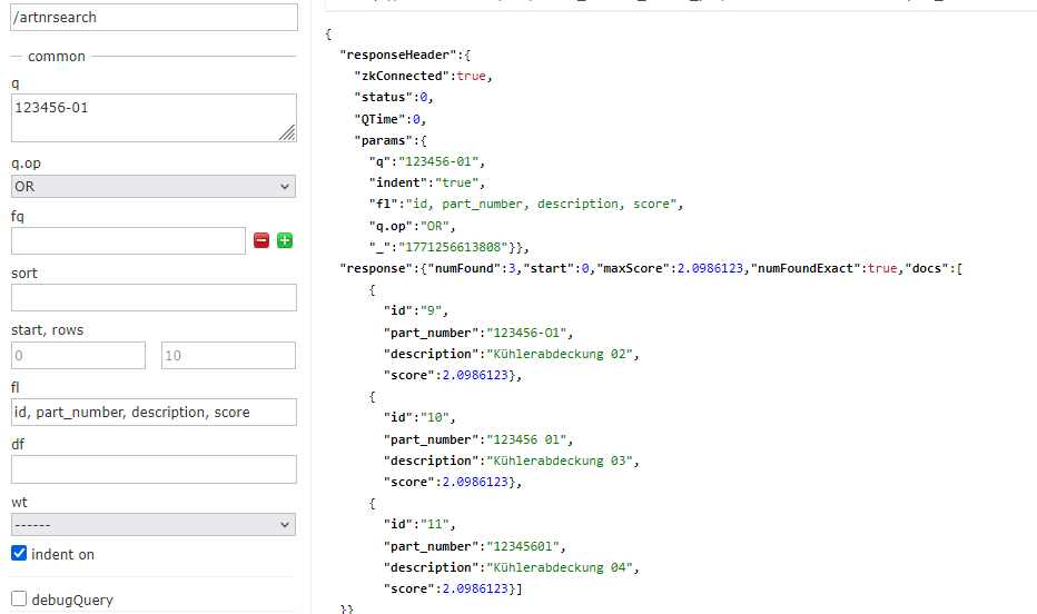 Solr search results for part number 123456-01 returning three matches including variants with spaces and similar prefixes, showing how normalization handles delimiter differences in B2B part number lookup