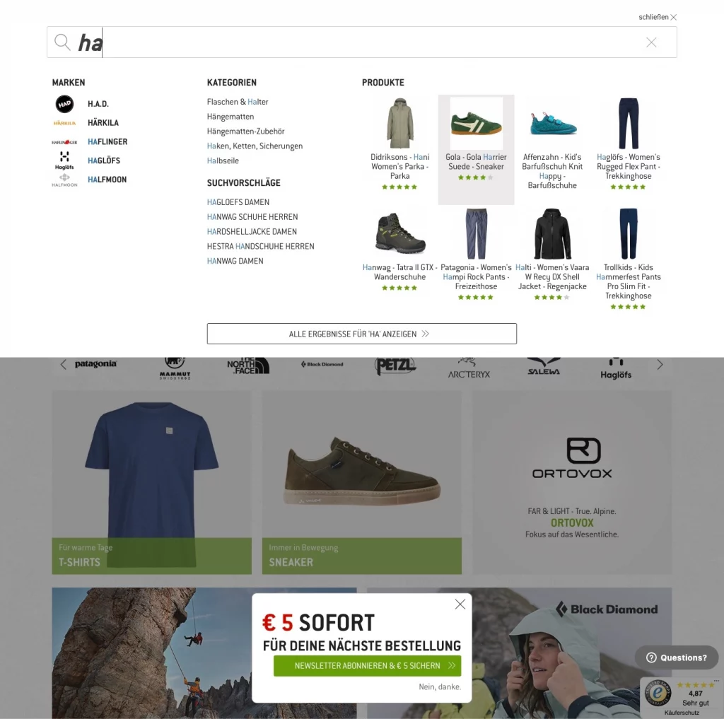 Bergfreunde - Brand placement in smartSuggest.