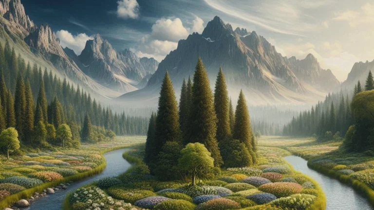 Image of a mountain valley with a river and hybrid plant-life