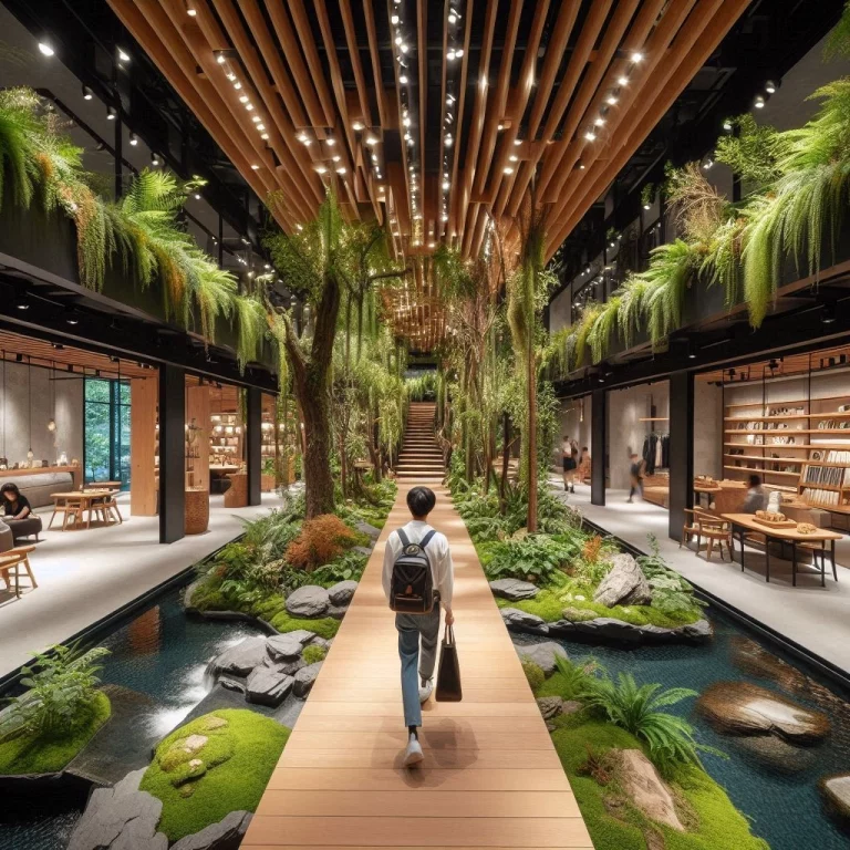 A man walking through a nature-themed retail store.