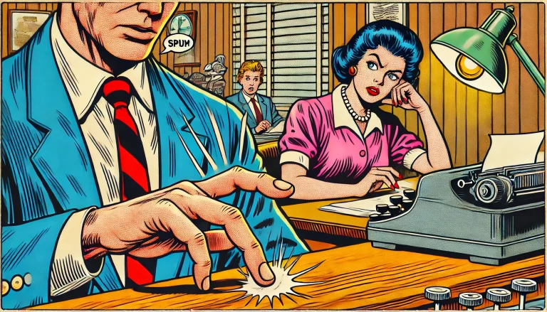 A man clicking his fingers on a table. Woman looking on annoyed.