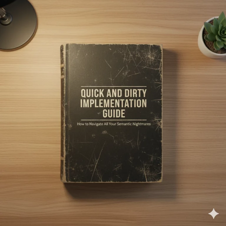 An image of an old book on a desk with the title "Quick and Dirty Implementation Guide" referring to a simple way of integrating semantic search. As if there was such a thing.