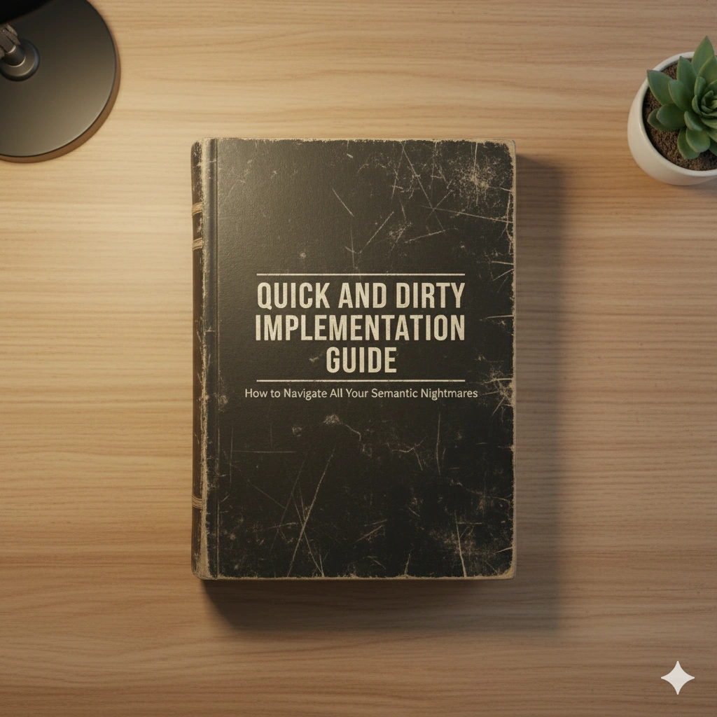 An image of an old book on a desk with the title "Quick and Dirty Implementation Guide" referring to a simple way of integrating semantic search. As if there was such a thing.