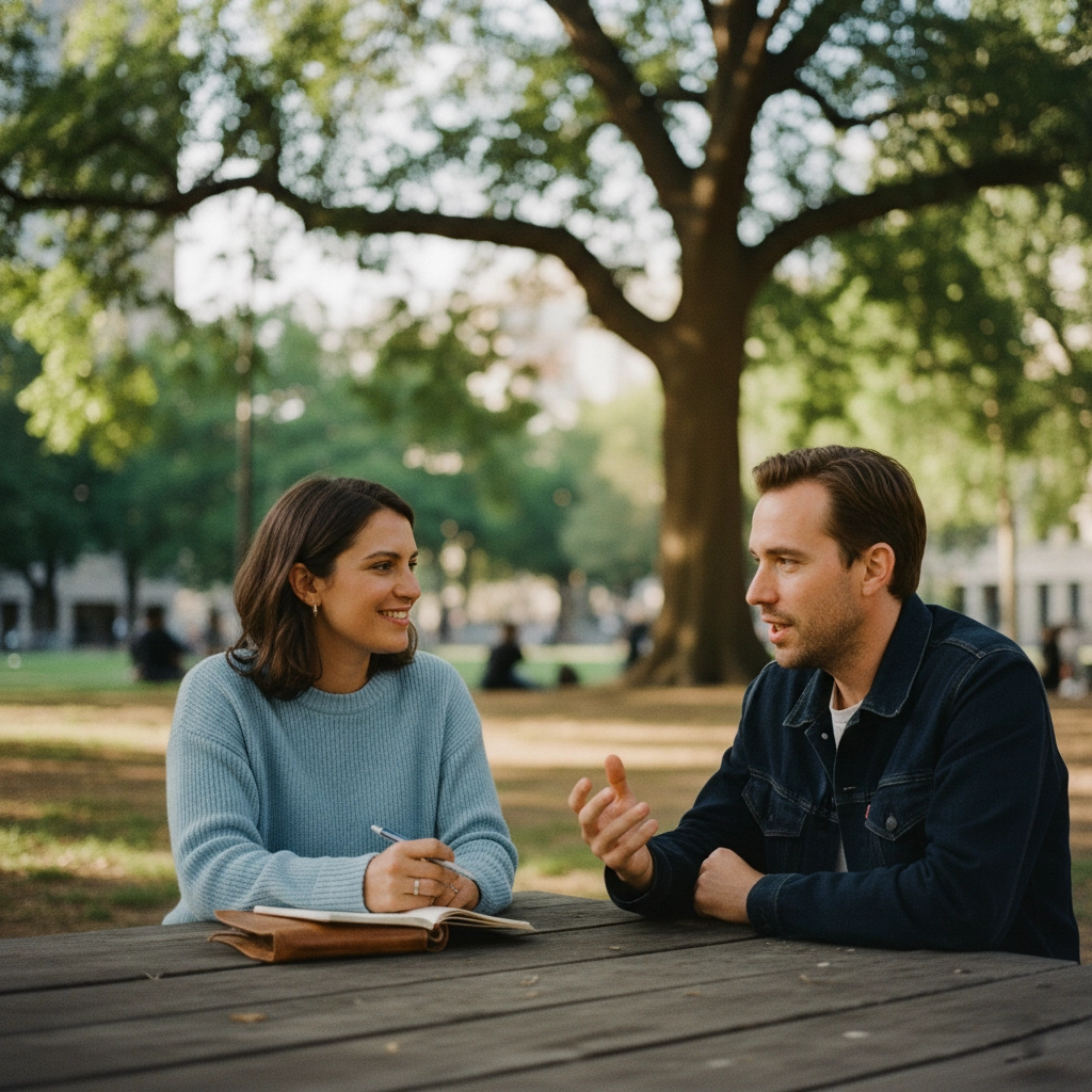 A woman performing a professional translation for her conversation partner.