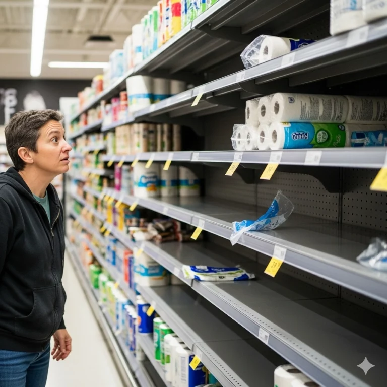 a person standing in front of an empty toilet paper rack at the grocery store - no results found.
