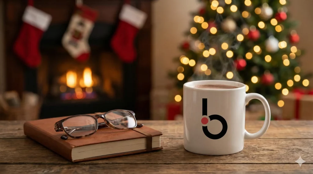 searchHub Christmas meditative with mug, notepad, and fireplace with stockings.