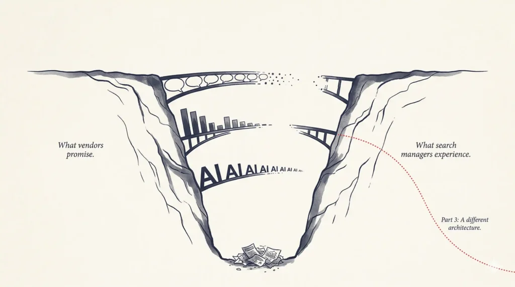 Editorial illustration of a deep canyon labeled "What vendors promise" on one side and "What search managers experience" on the other. Multiple bridges across the gap are broken and incomplete, symbolizing failed AI implementations.