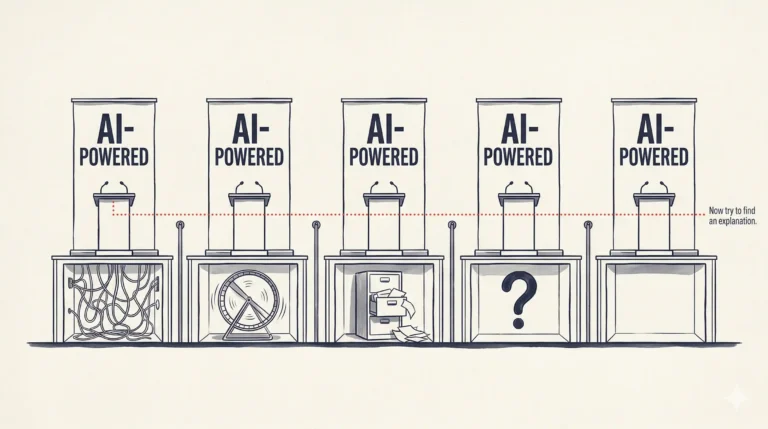 Editorial illustration of a row of trade show booths all labeled "AI-Powered." A cutaway view reveals different crude mechanisms beneath each podium—like tangled wires or a hamster wheel—revealing the reality behind the claims.