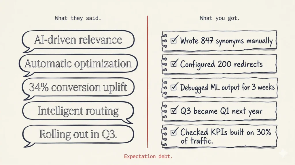 An editorial comparison chart showing "What they said" on the left with generic, polished AI promises, and "What you got" on the right, listing messy, manual tasks and delays required from search managers.