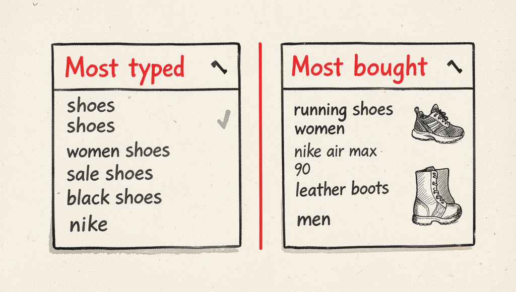 Two autocomplete dropdowns compared side by side - one ranks by popularity, the other by purchase intent. Editorial ink-wash illustration for "The Search Tax - Part 3."