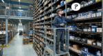 Warehouse worker searching for a specific part among thousands of labeled boxes on industrial shelving — illustrating the challenge of accurate part number search in B2B ecommerce