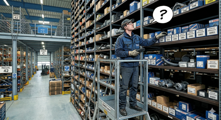 Warehouse worker searching for a specific part among thousands of labeled boxes on industrial shelving — illustrating the challenge of accurate part number search in B2B ecommerce