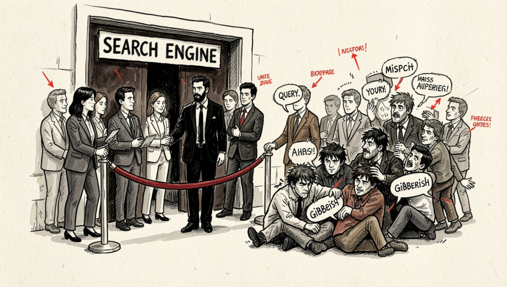 A bouncer stands at the door of a search engine, filtering thousands of messy query variants and only letting through the highest-performing keywords. Editorial ink-wash illustration for "The Search Tax - Part 3.