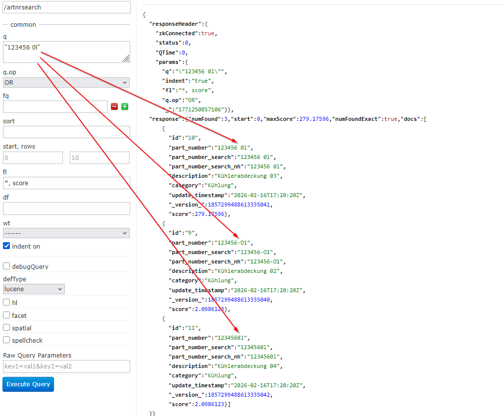 Solr search results for query "123456 0l" with spaces and ambiguous characters — WordDelimiterGraphFilter merges the input, character mapping resolves O versus 0 and l versus 1, returning correct B2B part number matches