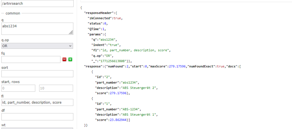 Solr search results for lowercase query abs1234 without delimiter — correctly finds both part numbers and ranks the exact-format match highest, demonstrating query normalization in B2B ecommerce search
